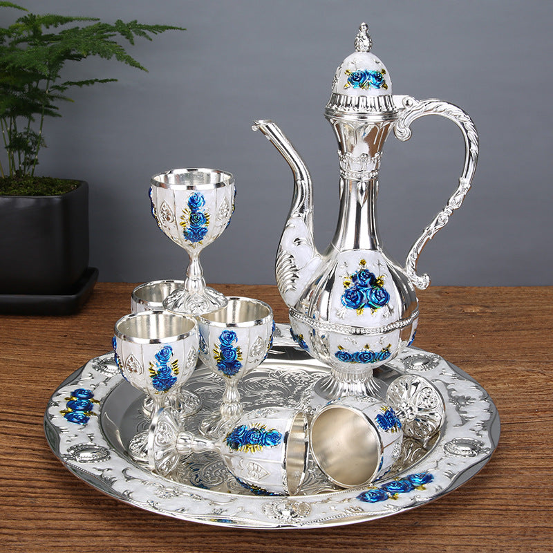 Vintage Palace Style Liquor Serving Set - Metal Pot, 6 Cups & Tray Silvery blue rose