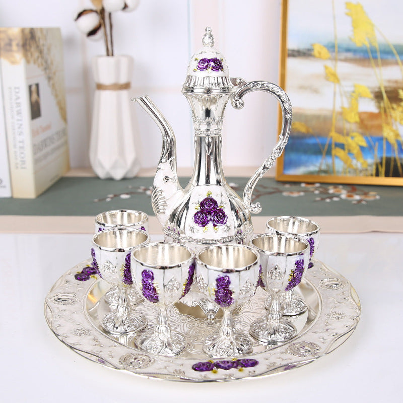 Vintage Palace Style Liquor Serving Set - Metal Pot, 6 Cups & Tray Silver Purple Rose