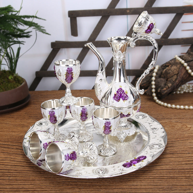 Vintage Palace Style Liquor Serving Set - Metal Pot, 6 Cups & Tray Silver Purple Rose