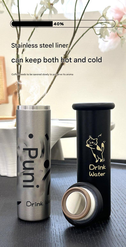 Mini Insulated Coffee Cup - 316 Stainless Steel, Portable & Stylish - Black Kitten 300ml+cup brush