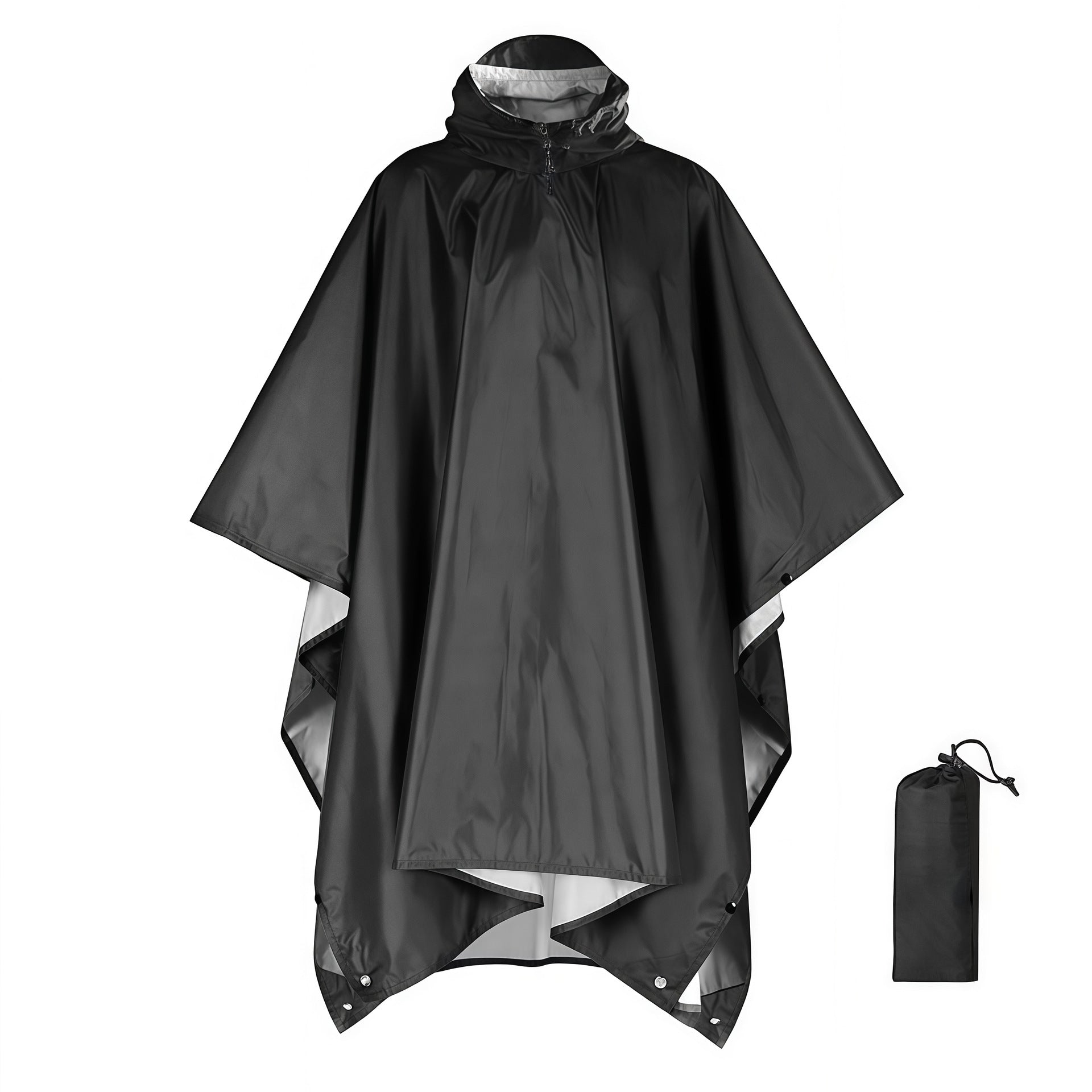 Black Portable Outdoor Camping Poncho - Can be used as Raincoat, Tarp, Ground Cover Polyester silver coated without pockets