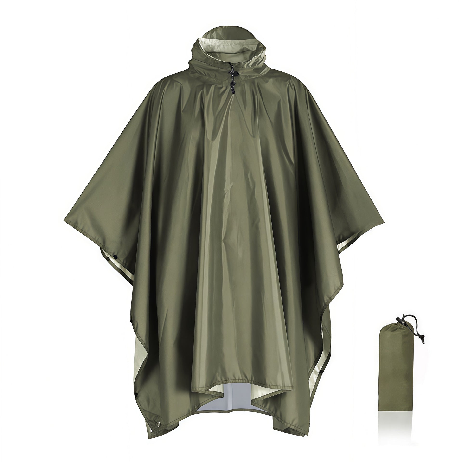 Army Green Portable Outdoor Camping Poncho - Can be used as Raincoat, Tarp, Ground Cover Polyester silver coated without pockets