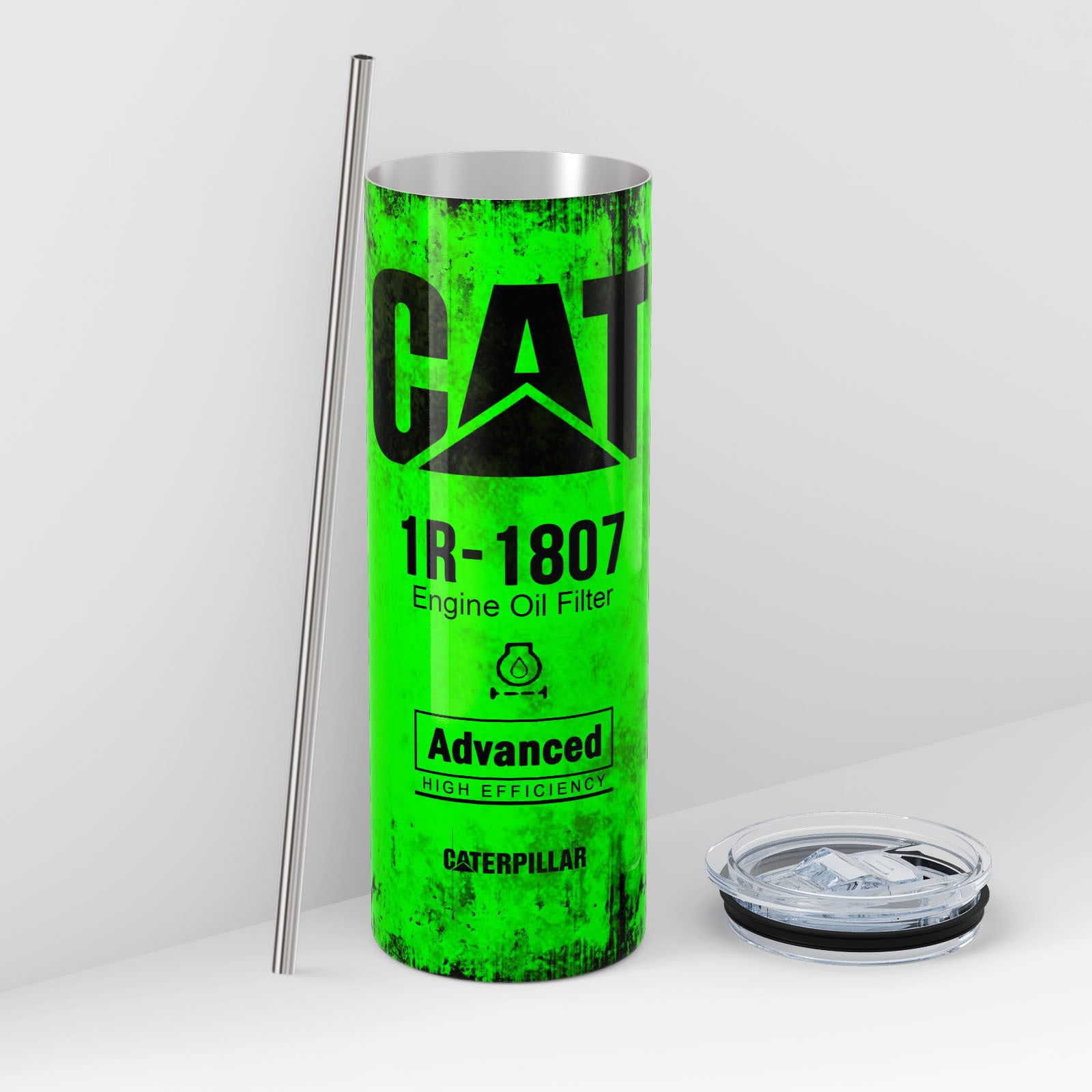 Green Skinny Tumbler (591ml) - Fun CAT Oil Filter Replica for Construction Fans