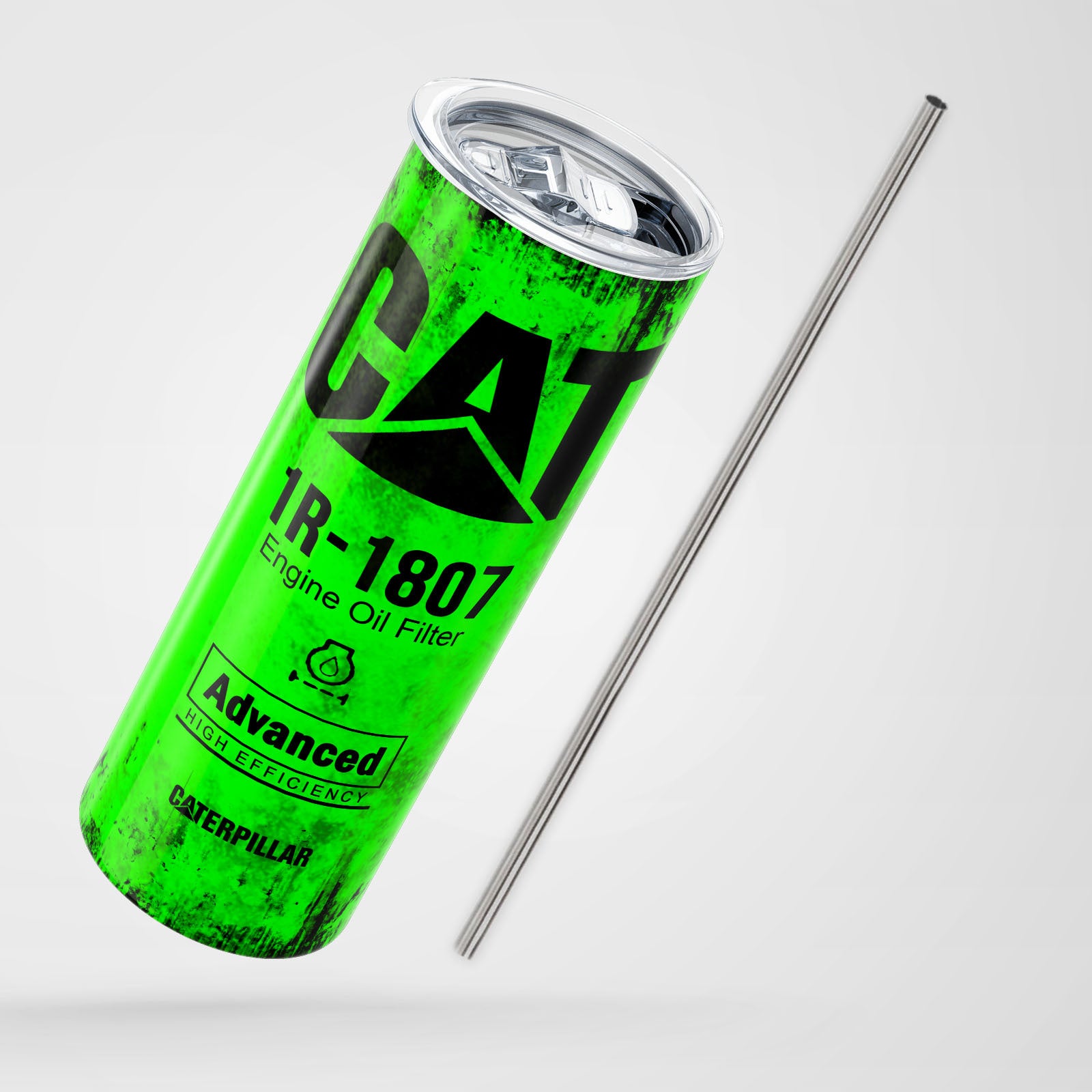 Green Skinny Tumbler 591ml - Fun CAT Oil Filter Replica for Construction Fans