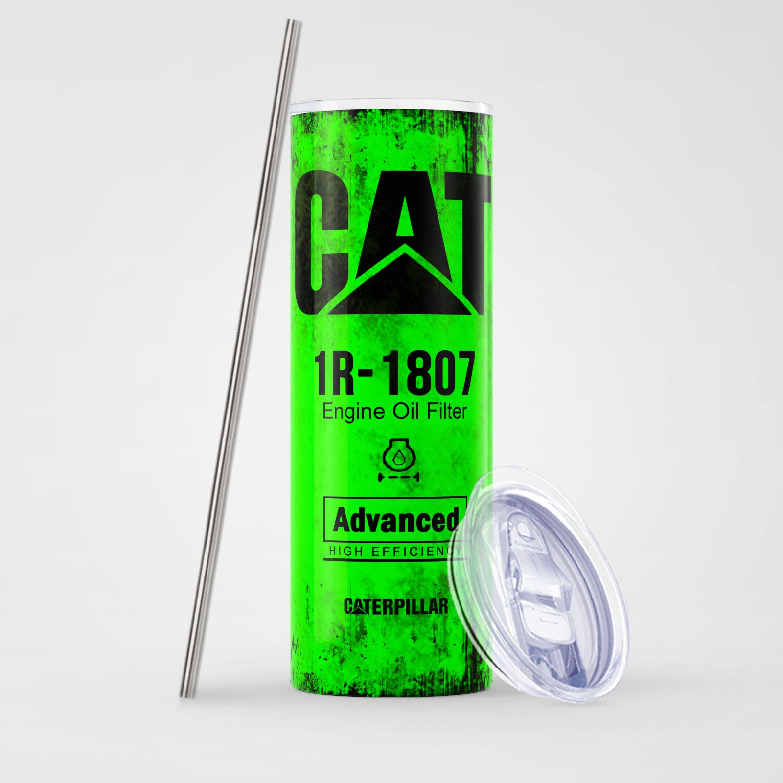 Green Skinny Tumbler 591ml - Fun CAT Oil Filter Replica for Construction Fans