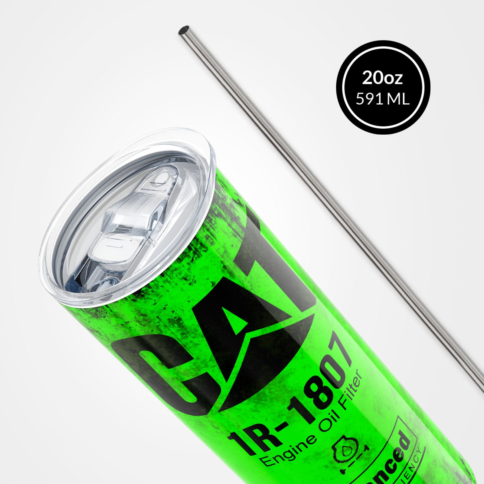 Green Skinny Tumbler 591ml - Fun CAT Oil Filter Replica for Construction Fans