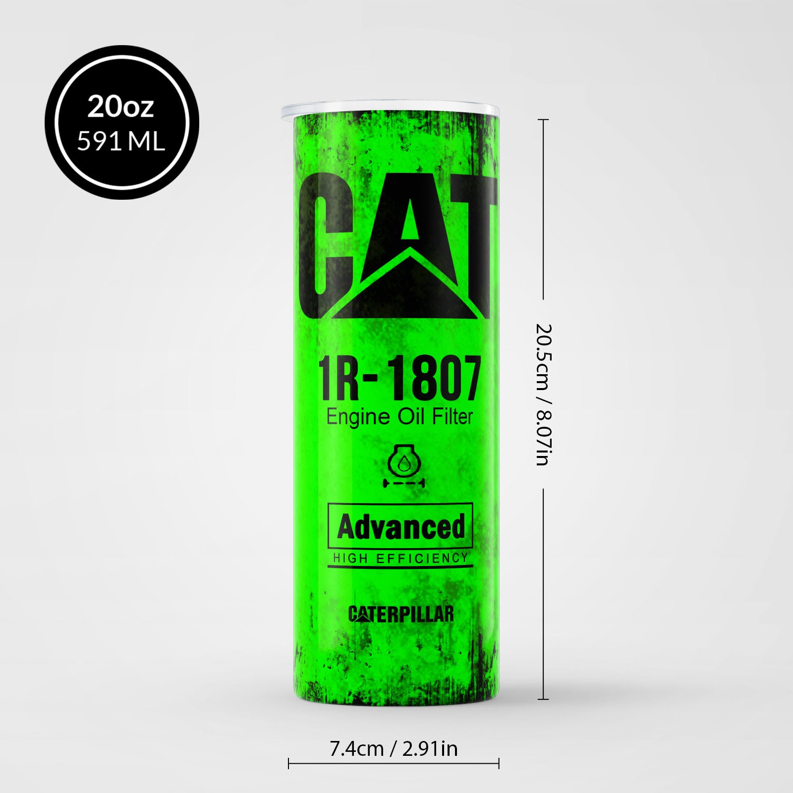 Green Skinny Tumbler 591ml - Fun CAT Oil Filter Replica for Construction Fans