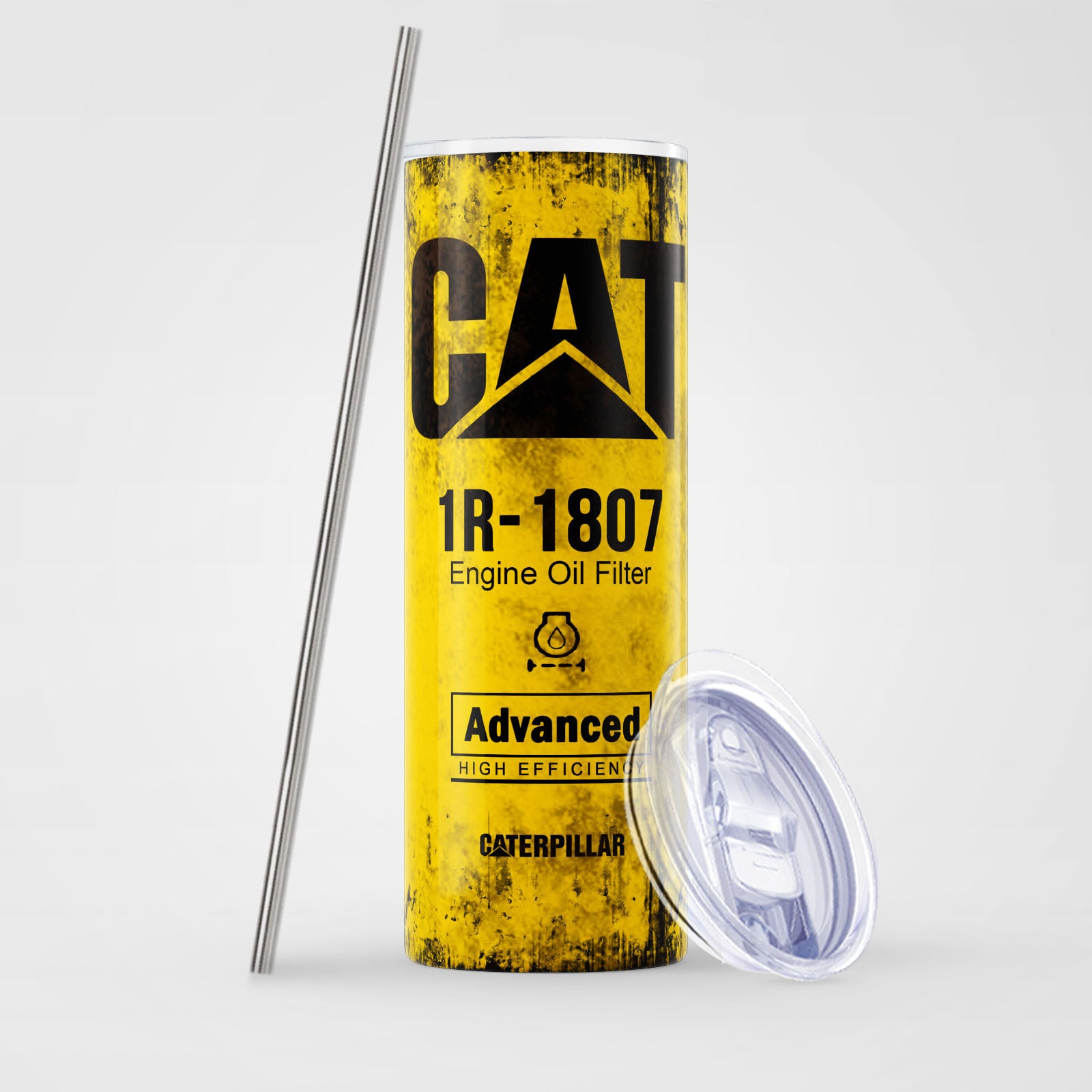 Yellow Skinny Tumbler 591ml - Fun CAT Oil Filter Replica for Construction Fans