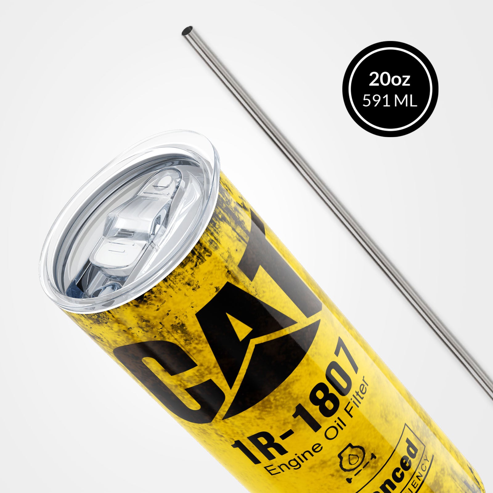 Yellow Skinny Tumbler 591ml - Fun CAT Oil Filter Replica for Construction Fans