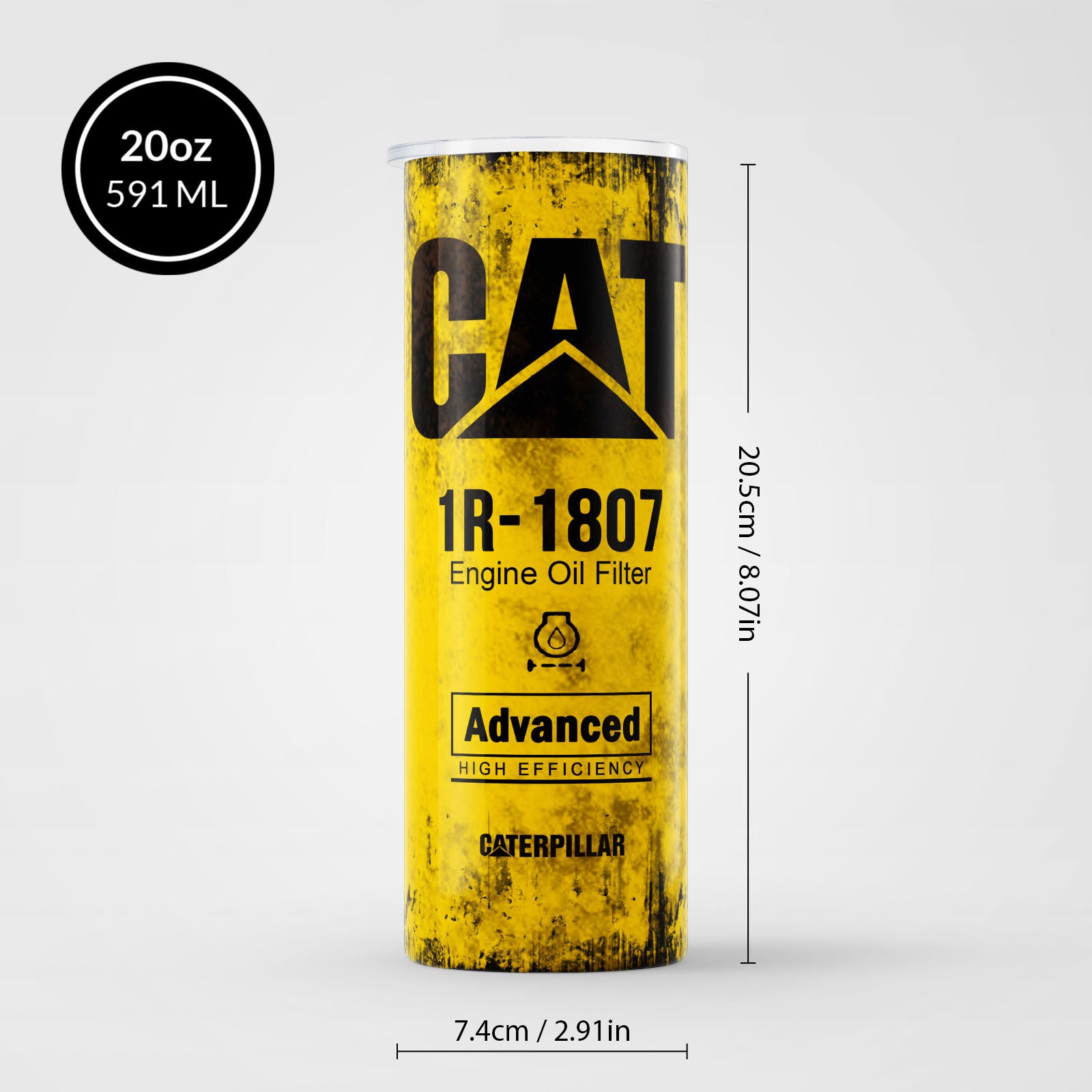 Yellow Skinny Tumbler 591ml - Fun CAT Oil Filter Replica for Construction Fans
