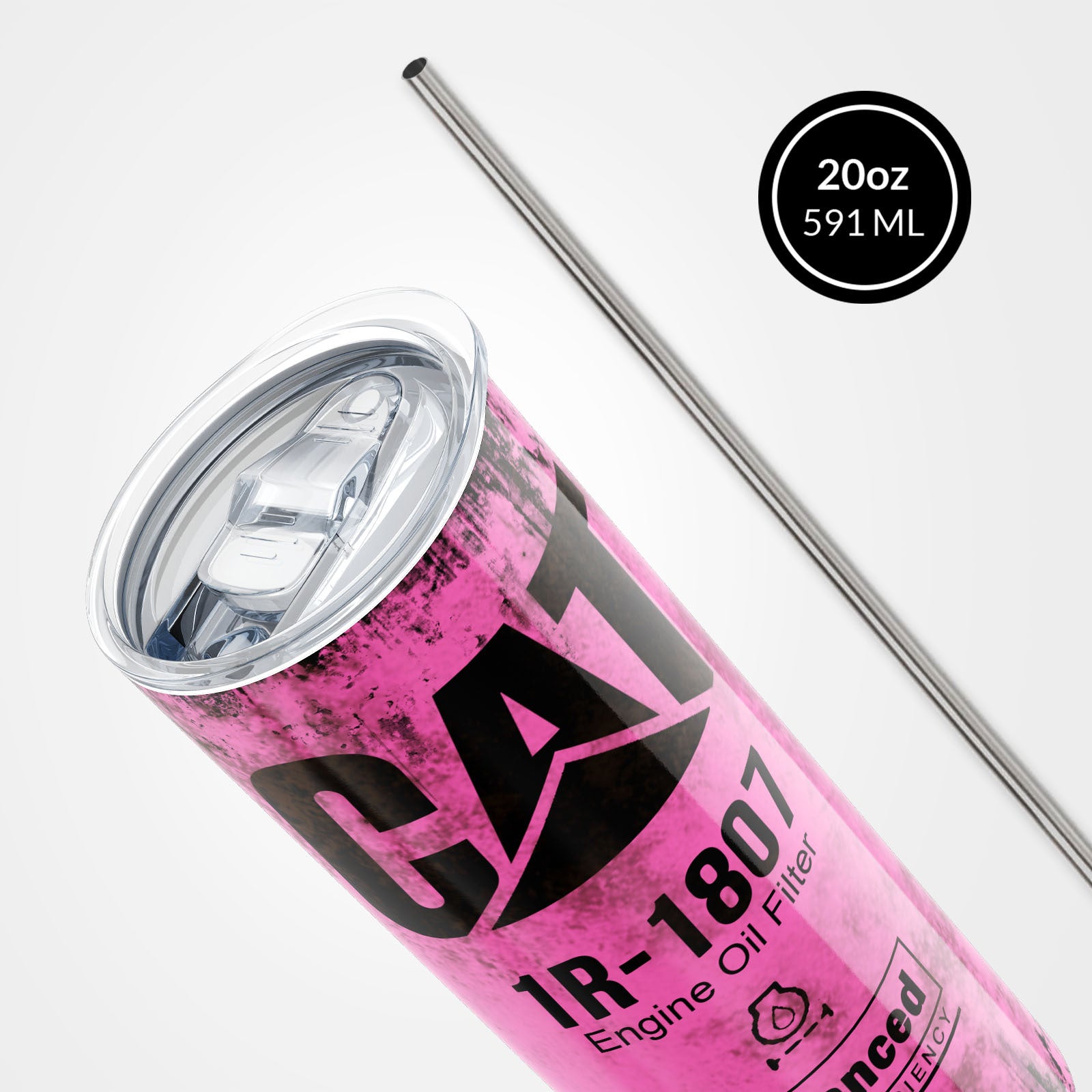 Pink Skinny Tumbler 591ml - Fun CAT Oil Filter Replica for Construction Fans