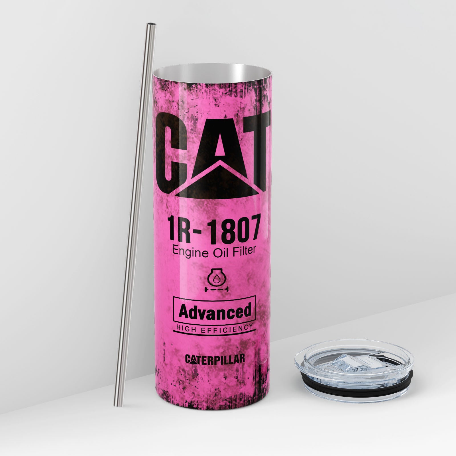 Pink Skinny Tumbler 591ml - Fun CAT Oil Filter Replica for Construction Fans