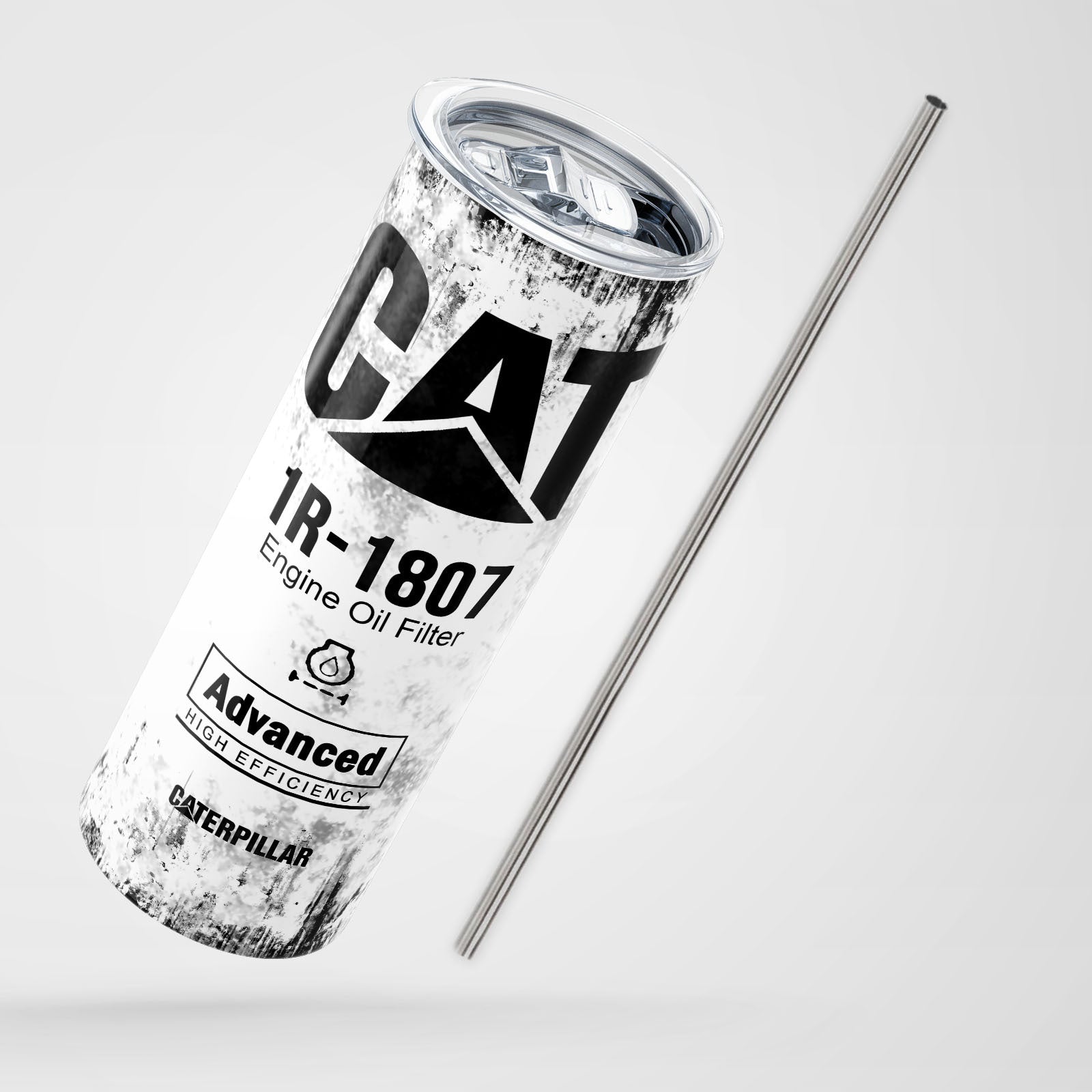 White Skinny Tumbler 591ml - Fun CAT Oil Filter Replica for Construction Fans