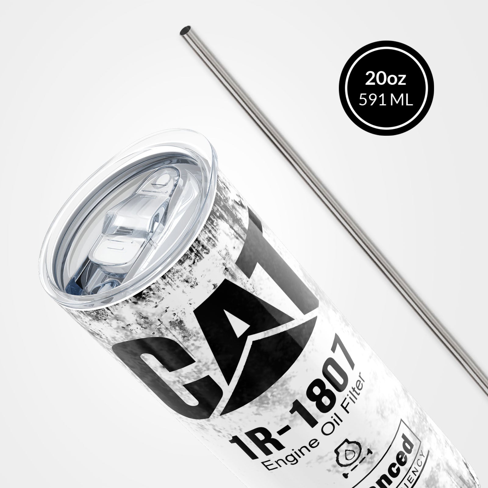 White Skinny Tumbler 591ml - Fun CAT Oil Filter Replica for Construction Fans