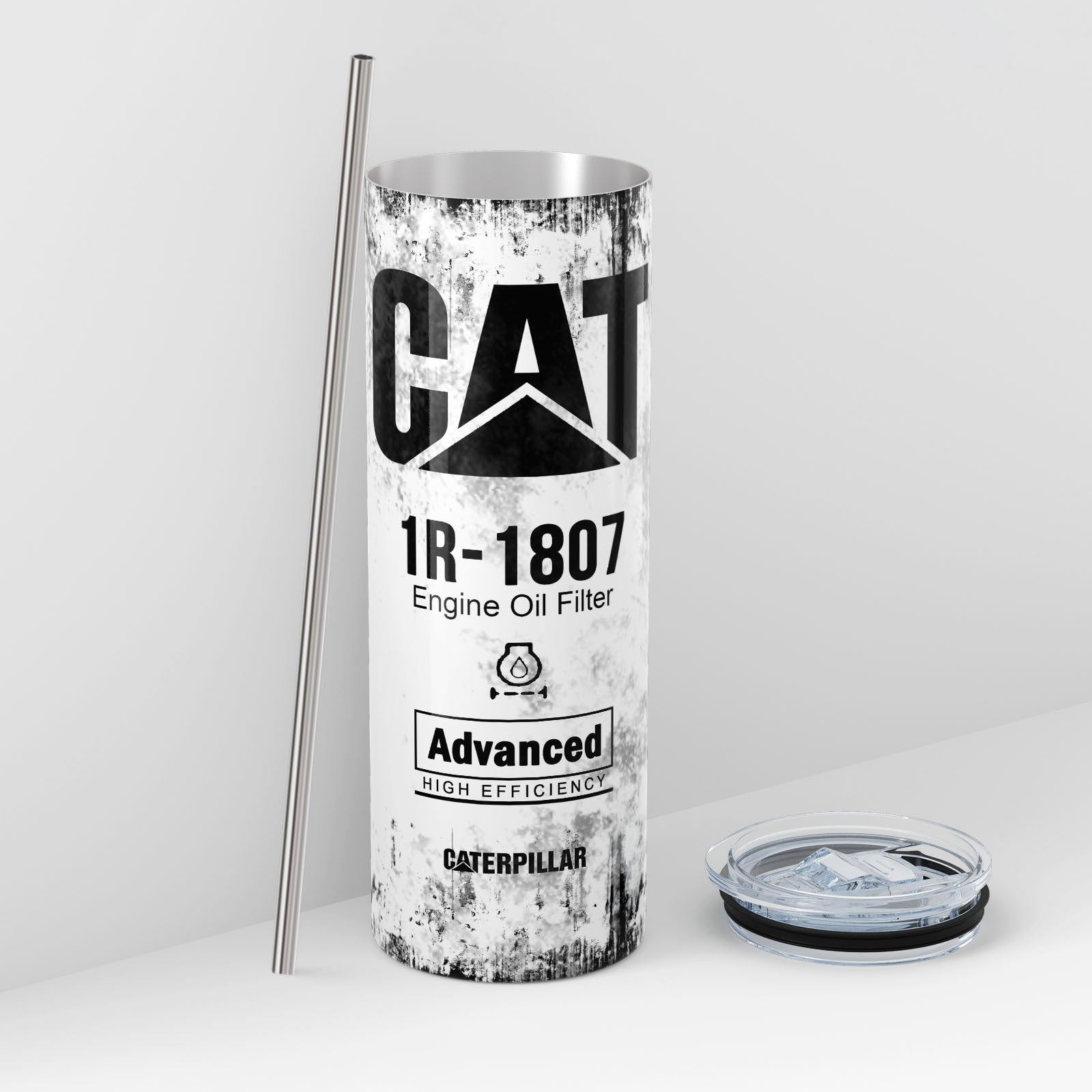 White Skinny Tumbler 591ml - Fun CAT Oil Filter Replica for Construction Fans