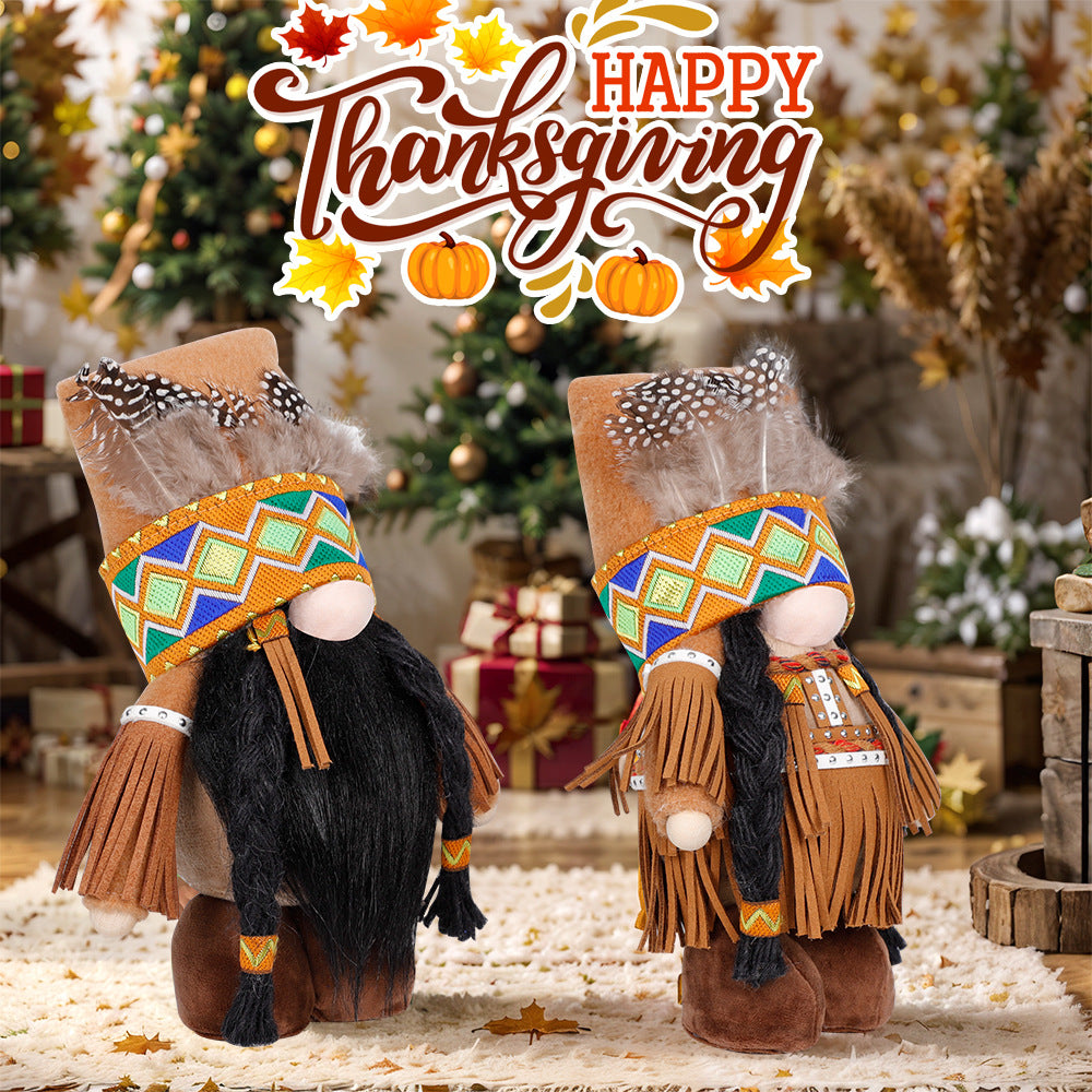Plush Thanksgiving Dolls - Faceless Figures with Fringe & Braids Set of 2