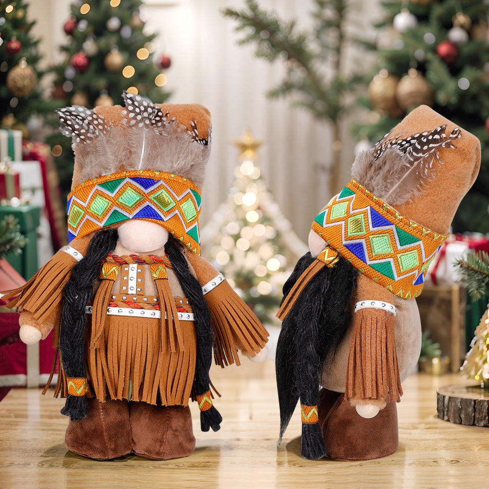 Plush Thanksgiving Dolls - Faceless Figures with Fringe & Braids Set of 2