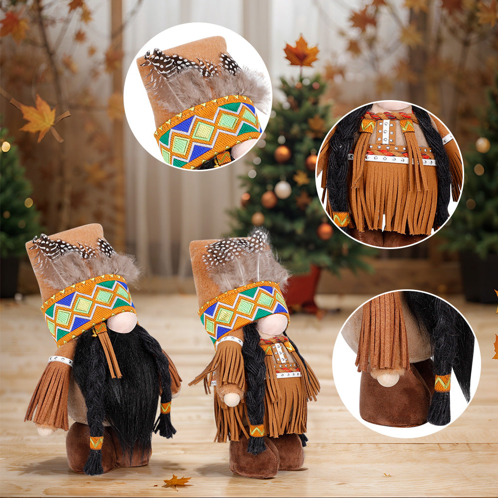 Plush Thanksgiving Dolls - Faceless Figures with Fringe & Braids Set of 2