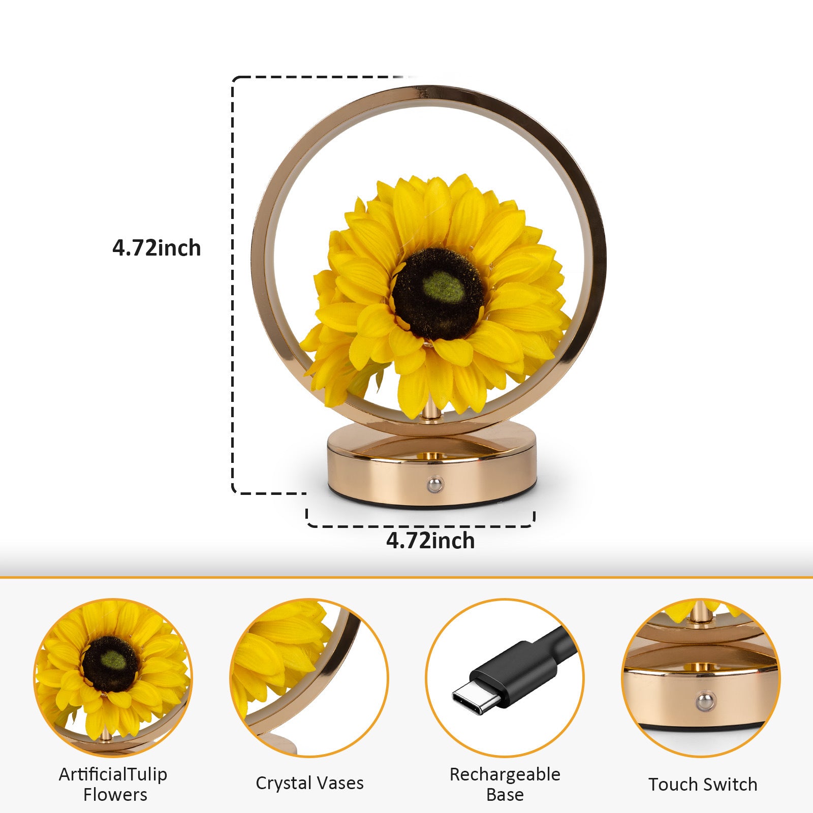 Rechargeable Ring Light with Sunflowers - Ambient Bedside Table Lamp Decor USB