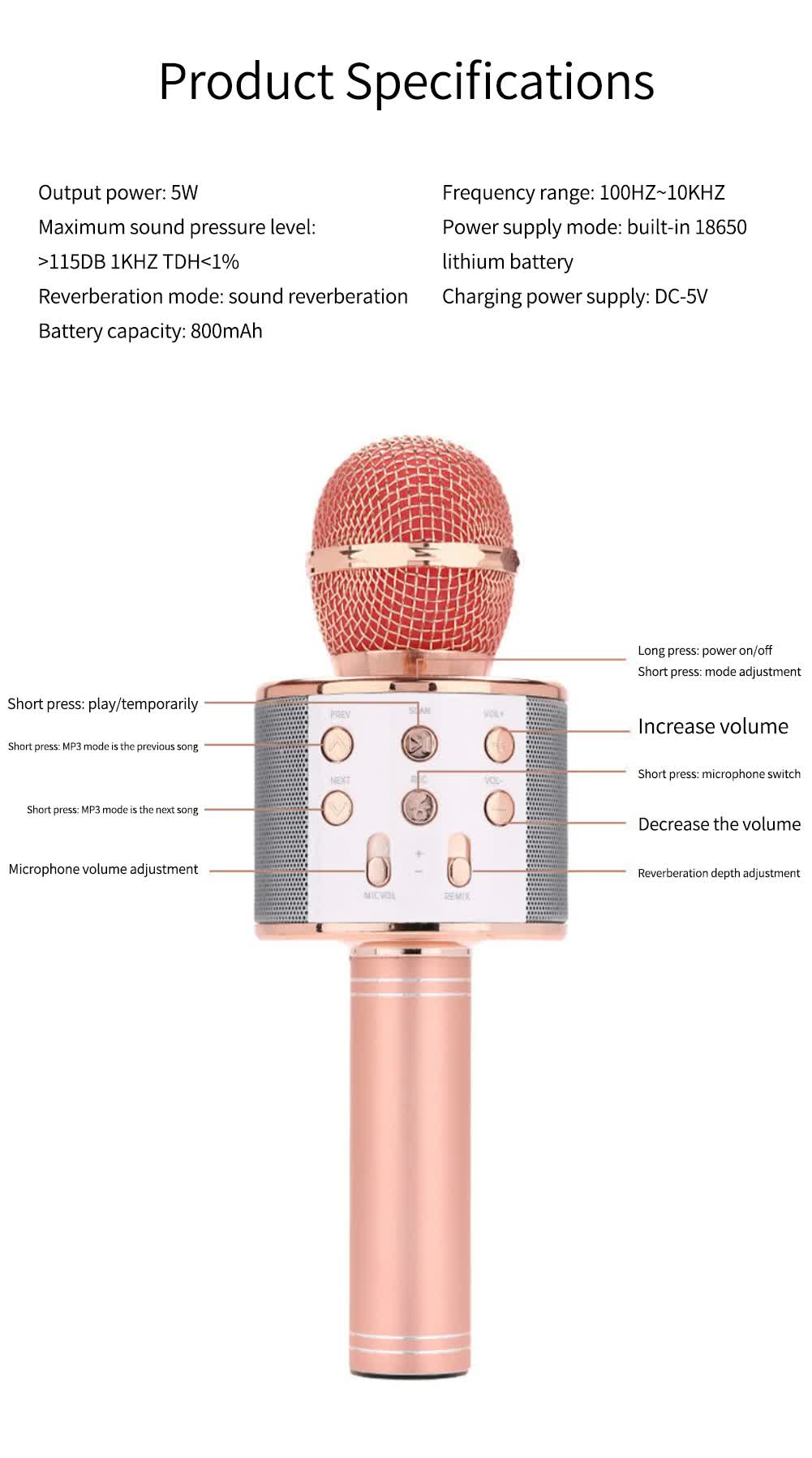 Rose Gold Bluetooth 5.0 Karaoke Microphone for Family Entertainment