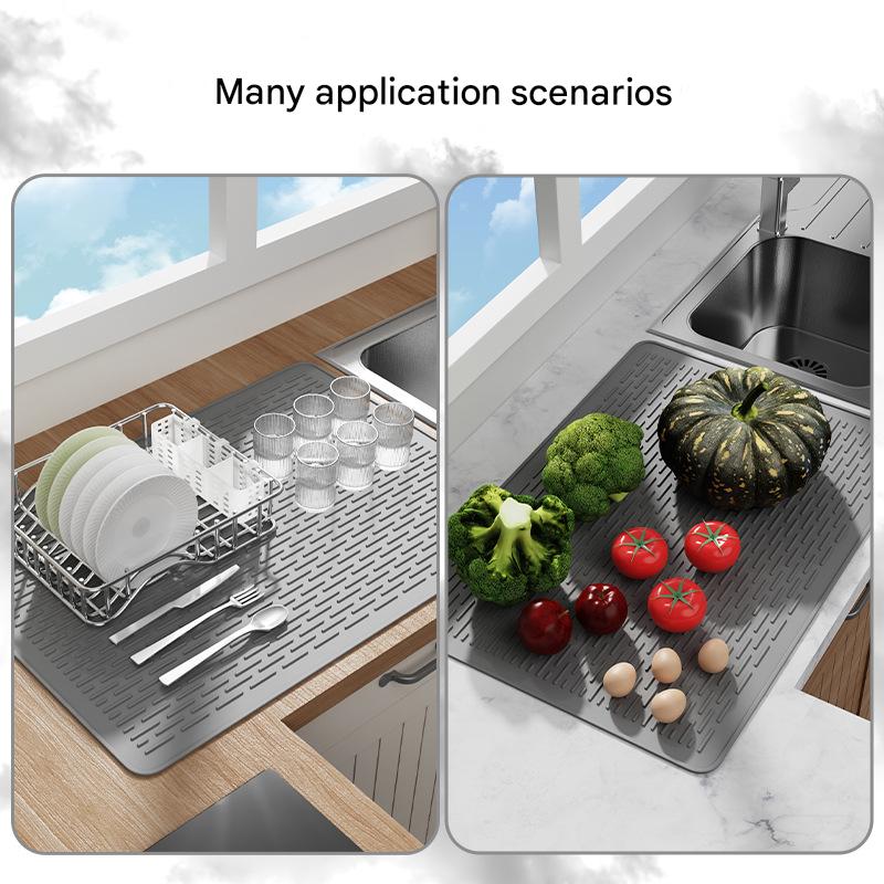 Grey Silicone Countertop Protector and Dish Drying Mat - Dishwasher Safe 71x50cm