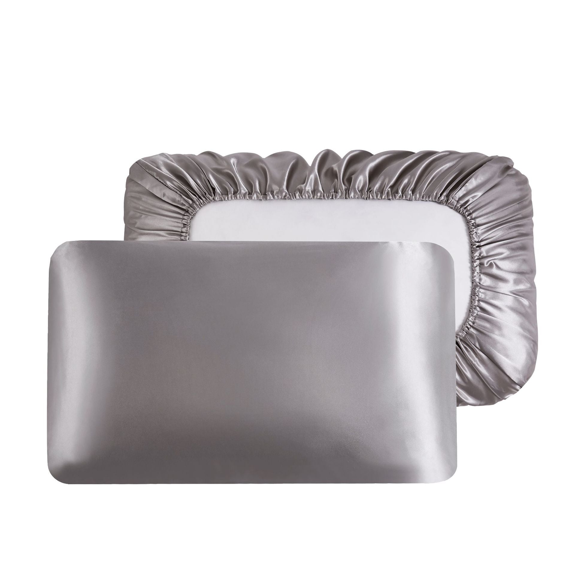Gray Silky Satin Pillowcase Pair - Smooth for Hair & Skin, Elastic Fitted 46x90+16cm