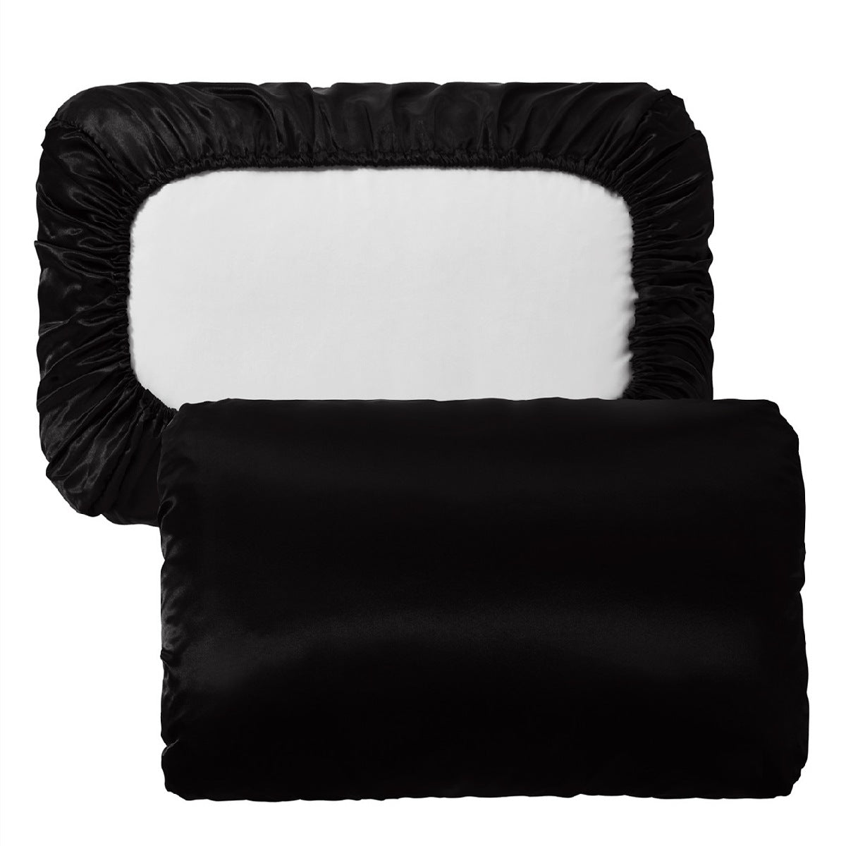 Black Silky Satin Pillowcase Pair - Smooth for Hair & Skin, Elastic Fitted 46x90+16cm