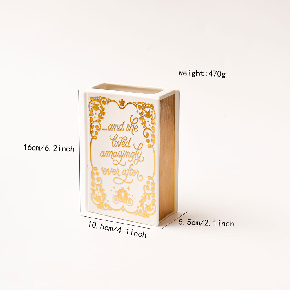Literary Book Vase - Creative Ceramic Planter & Desk Organizer Golden Book
