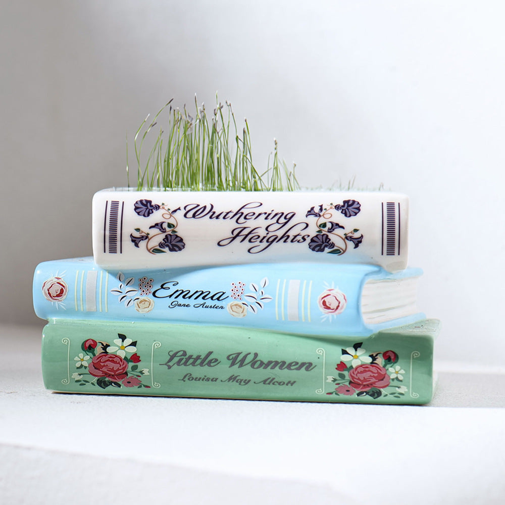 Literary Book Vase - Creative Ceramic Planter & Desk Organizer Stack of books