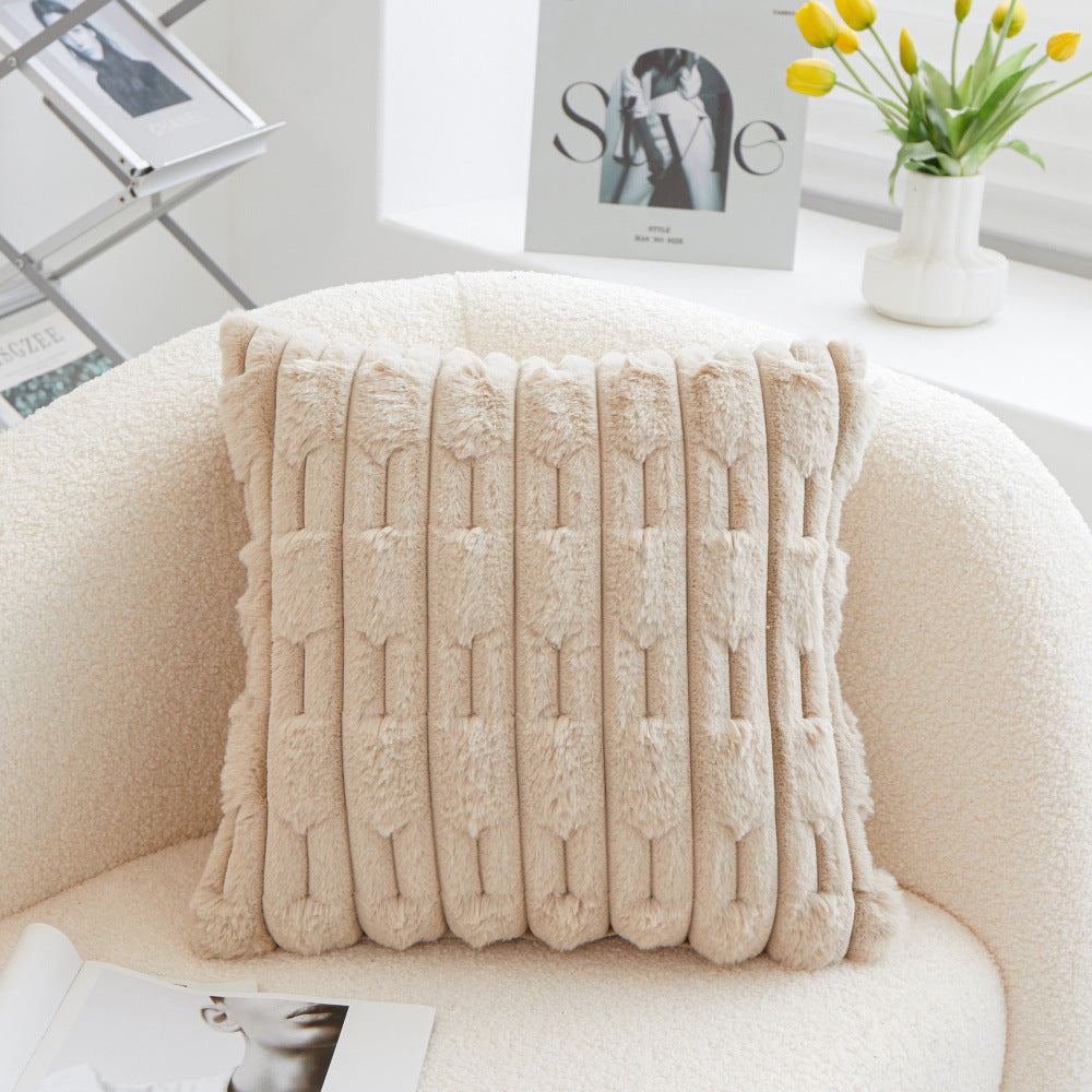 A pair of Khaki Plush Faux Rabbit Fur Throw Pillow Cover - Textured Wheat Ear Design 45x45cm