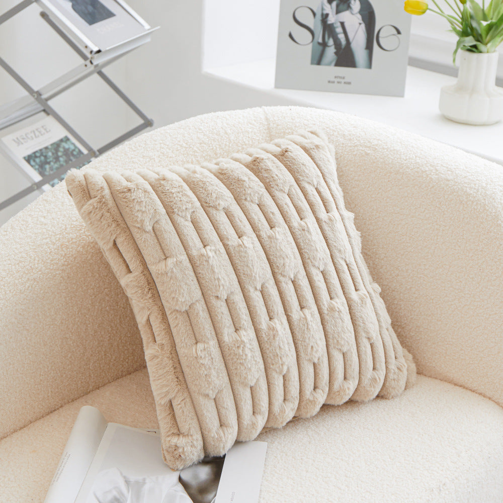 A pair of Khaki Plush Faux Rabbit Fur Throw Pillow Cover - Textured Wheat Ear Design 45x45cm