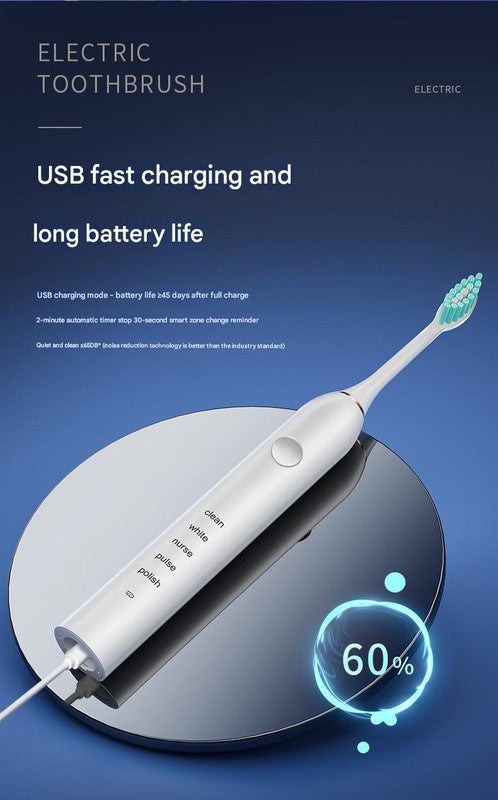 Advanced Sonic Toothbrush: 5 Cleaning Modes, 2-Min Timer, USB Fast Charge, Purple 4 brush heads