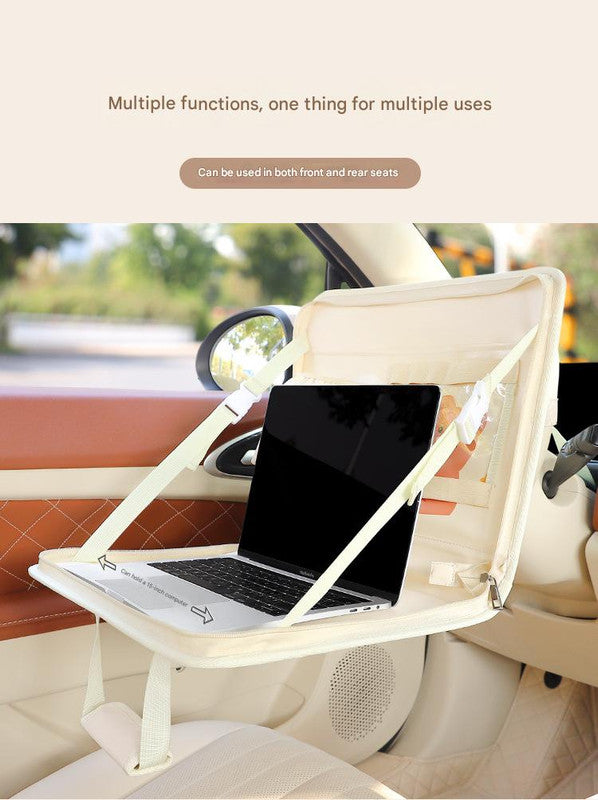 Yellow Foldable Car Back Seat Organizer Tray - PU Leather Travel Desk with Tablet Holder