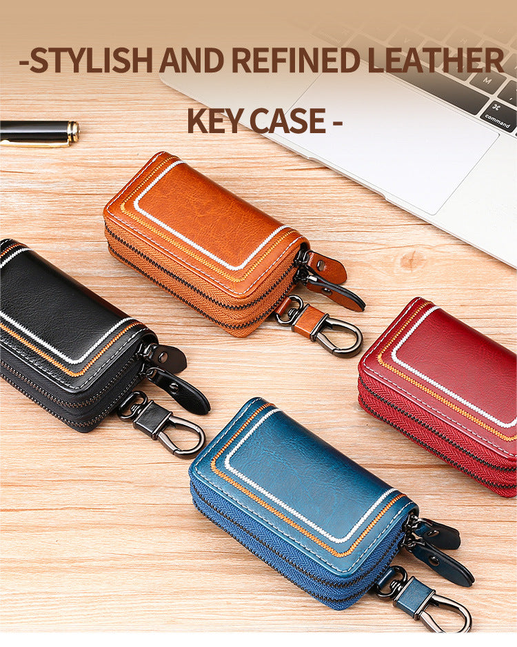 Brown Premium Genuine Leather Double Zipper Key Case - Car & House Key Organizer Pouch
