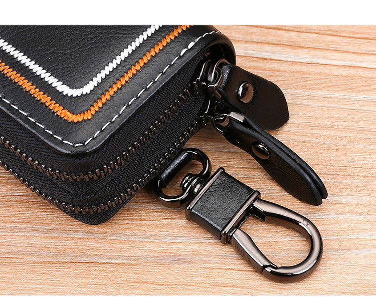 Brown Premium Genuine Leather Double Zipper Key Case - Car & House Key Organizer Pouch