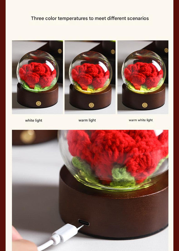 Yellow Rose Handcrafted Crochet Flower LED Night Light - USB Rechargeable Glass Dome Lamp with Wood Base, 3 Color Modes