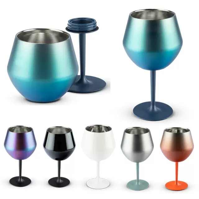 2 Pcs Black Detachable Stainless Steel Wine Glass - 14oz 420ml Portable Stemmed Goblet for Outdoors & Travel