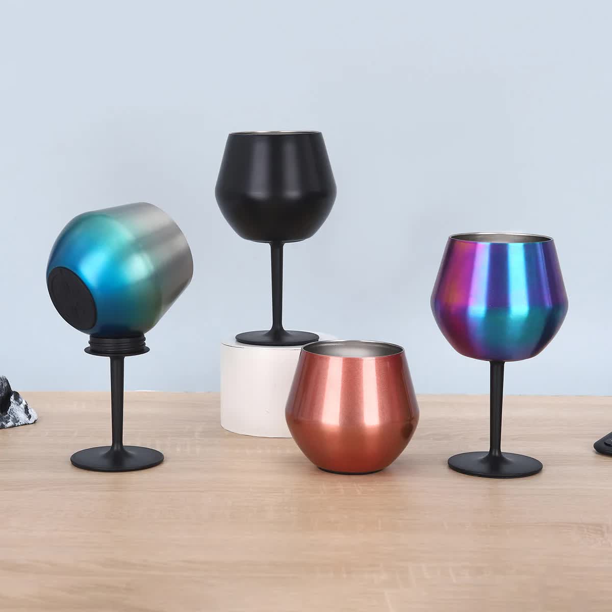 2 Pcs Black Detachable Stainless Steel Wine Glass - 14oz 420ml Portable Stemmed Goblet for Outdoors & Travel