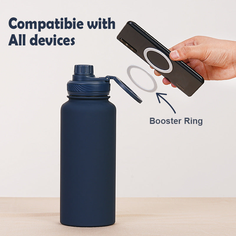 Beige 1L Stainless Steel Water Bottle with Magnetic Phone Holder Lid - Portable Hydration & Hands-Free Stand