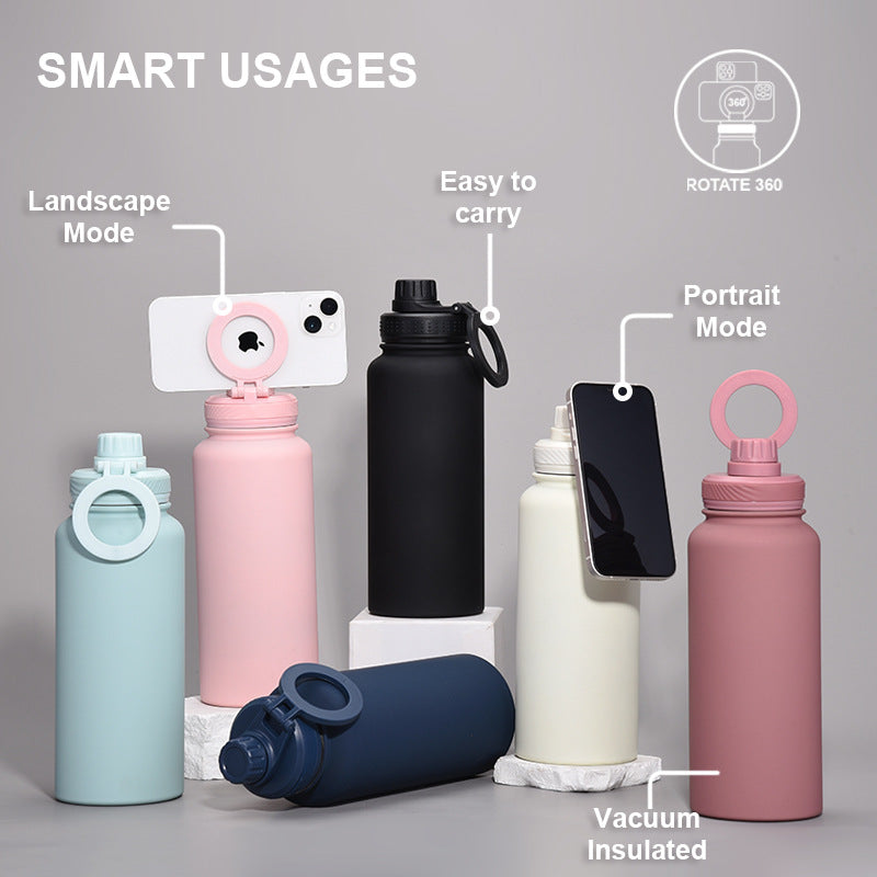 Black 1L Stainless Steel Water Bottle with Magnetic Phone Holder Lid - Portable Hydration & Hands-Free Stand