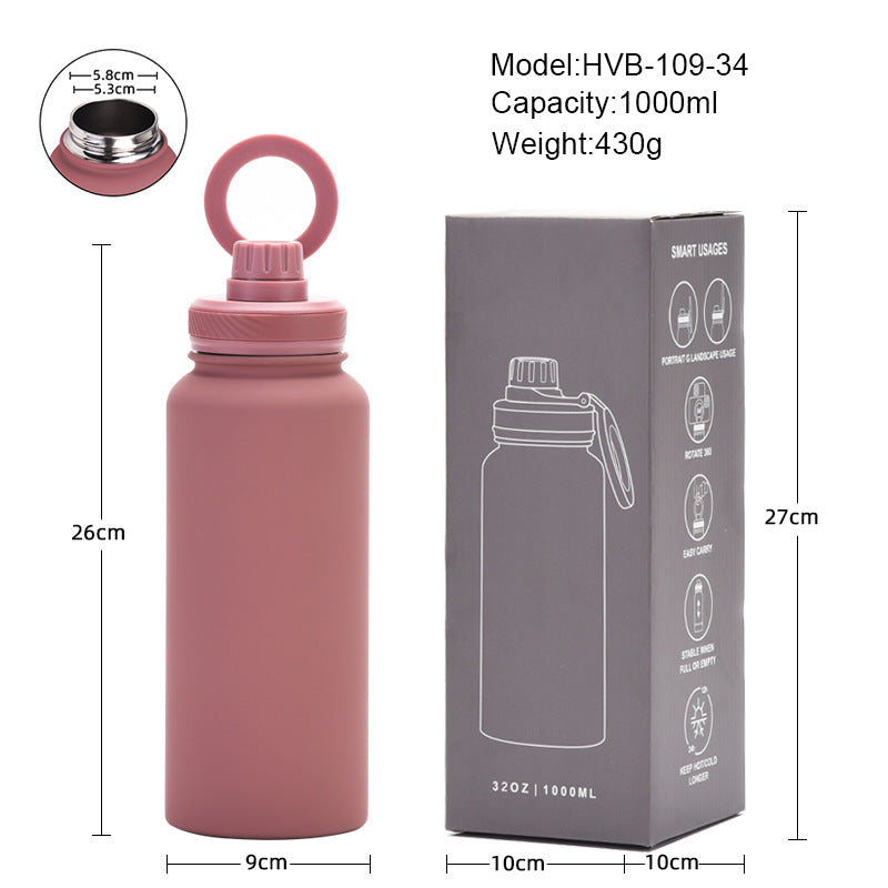 Rose Red 1L Stainless Steel Water Bottle with Magnetic Phone Holder Lid - Portable Hydration & Hands-Free Stand