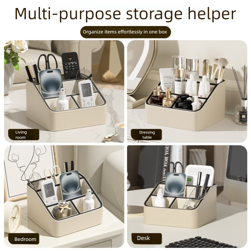 White and Black Stylish PU Leather Desktop Organizer Caddy - Multi-Compartment Holder for Remotes, Office Supplies, Makeup