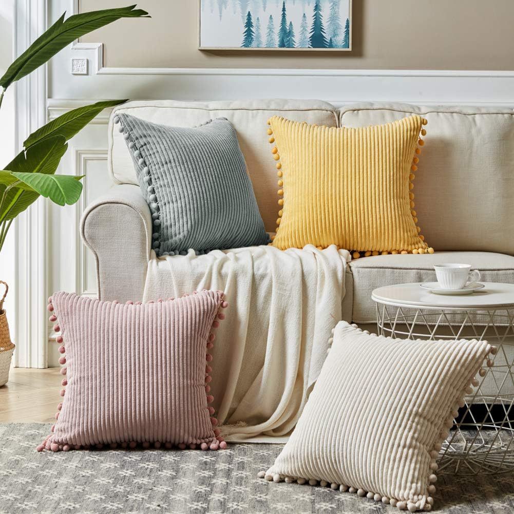 Yellow Soft Corduroy Cushion Cover Set 1 Square + 1 Rectangular with Pom Pom Trim - Decorative Throw Pillow Cases for Sofa Couch