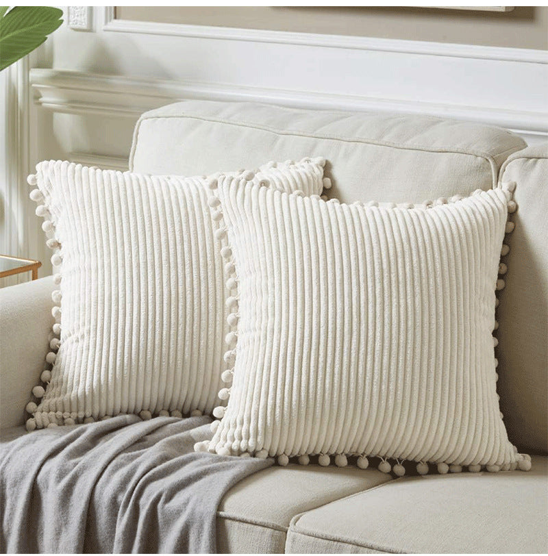 Yellow Soft Corduroy Cushion Cover Set 1 Square + 1 Rectangular with Pom Pom Trim - Decorative Throw Pillow Cases for Sofa Couch