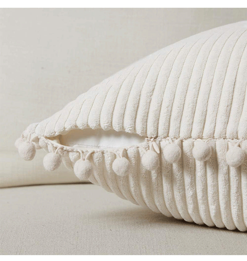 Beige Soft Corduroy Cushion Cover Set 1 Square + 1 Rectangular with Pom Pom Trim - Decorative Throw Pillow Cases for Sofa Couch