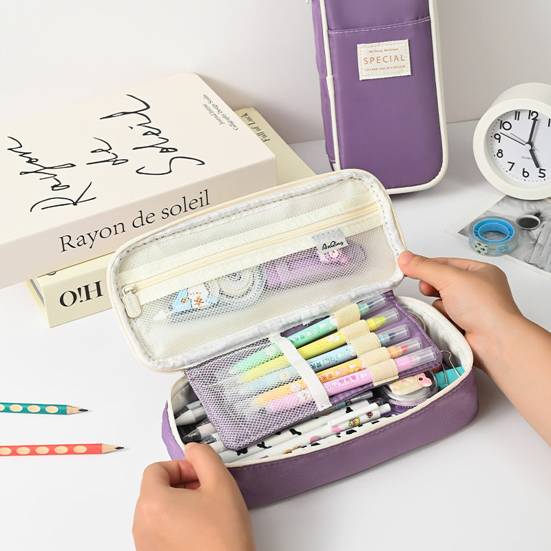 Purple Large Capacity Expandable Pencil Case - Multi-Compartment Student Stationery Pouch Only with pencil case