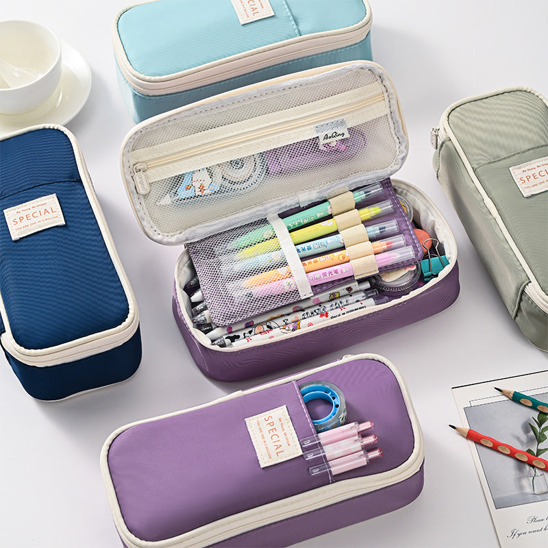 Dark Blue Large Capacity Expandable Pencil Case - Multi-Compartment Student Stationery Pouch Only with pencil case
