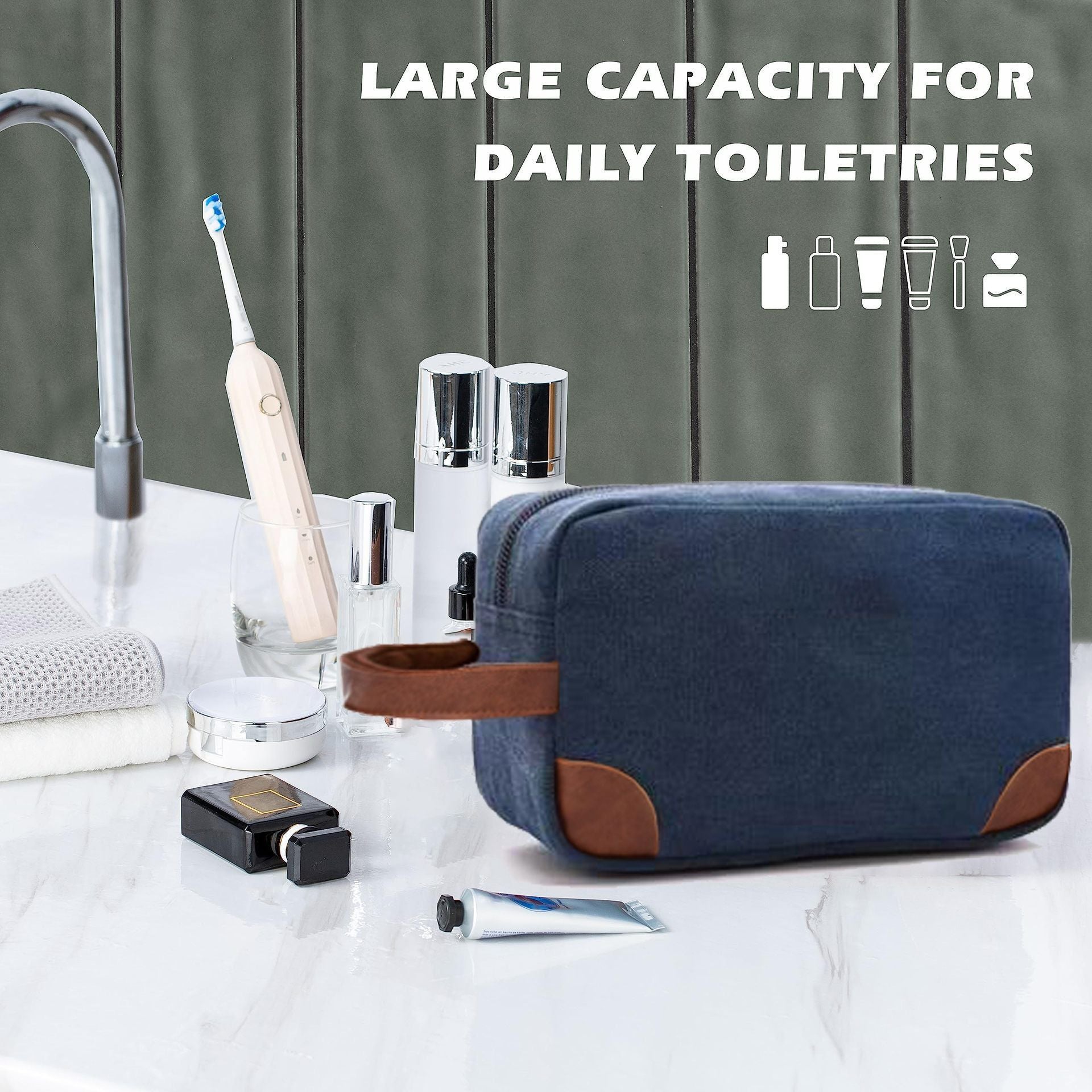 Black And Brown Men's Canvas Toiletry Bag - Large Capacity Water-Resistant Travel Organizer Dopp Kit with Handle