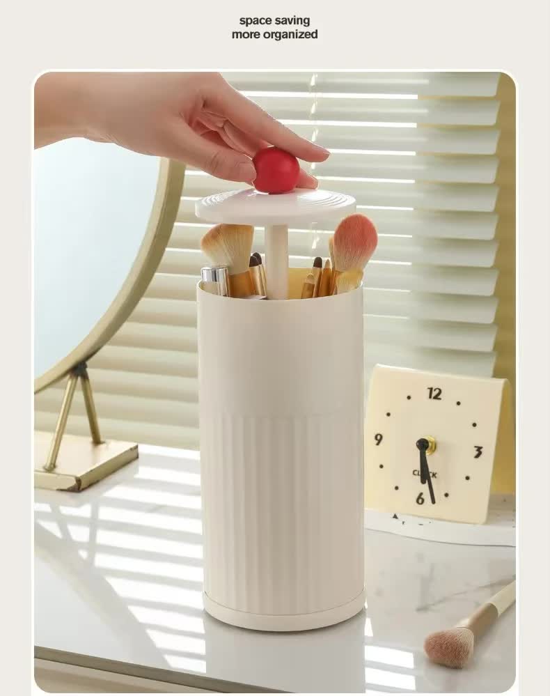 Beige Automatic Lifting Makeup Brush Holder - Dustproof Desktop Organizer with Lid & Compartments