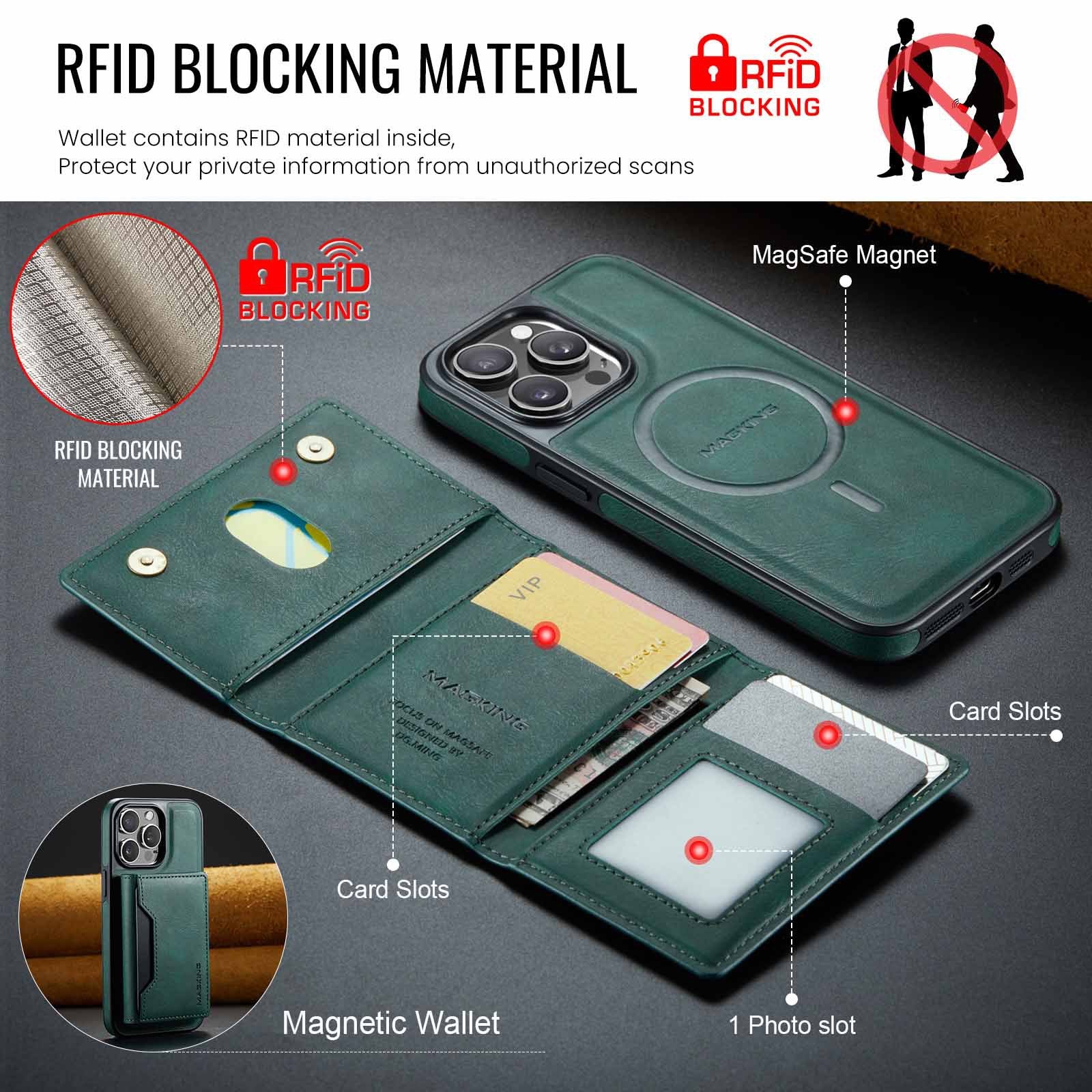Green Premium MagSafe Wallet Case for iPhone 16 Pro - Detachable PU Leather Magnetic Card Holder